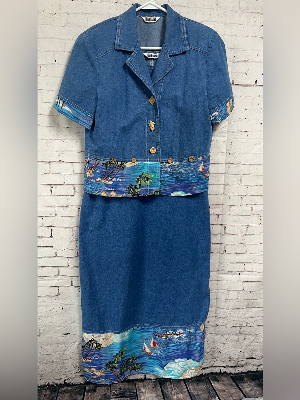 Vtg 90s Nina Piccalino Denim Jumper Dress Cropped Jacket Set M Coastal Hawaiian